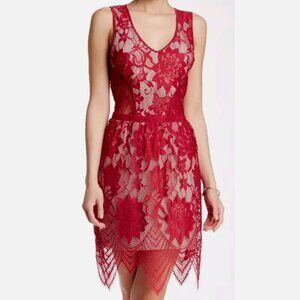 Tart red sheer lace dress, nude lining, size small